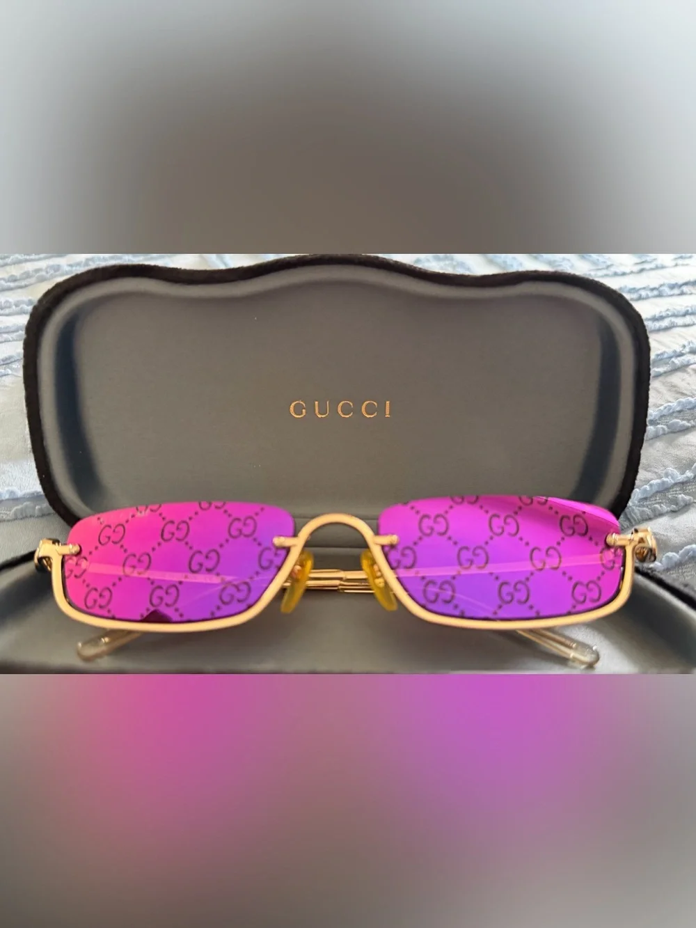 Gucci Gold Frame Sunglasses with Purple GG Logo Lenses